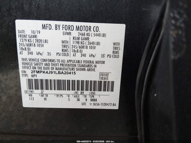 Продаж на аукціоні авто 2020 Ford Edge Sel, vin: 2FMPK4J91LBA20415, номер лоту: 44502574