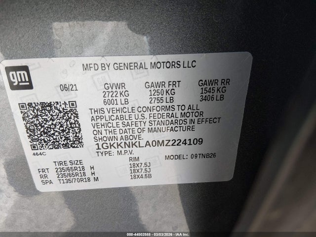 1GKKNKLA0MZ224109 GMC Acadia Fwd Sle