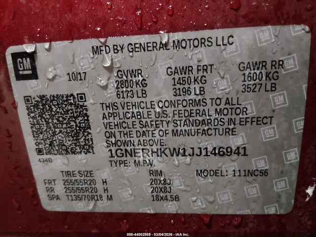 1GNERHKW1JJ146941 Chevrolet Traverse 3lt