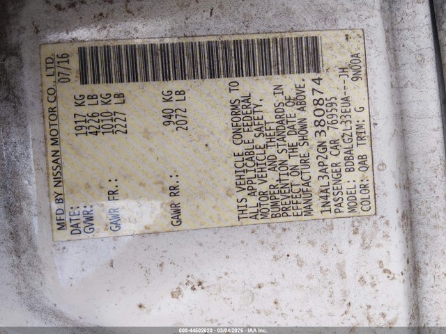 44502620 :رقم المزاد ، 1N4AL3AP2GN380874 vin ، 2016 Nissan Altima 2.5 S مزاد بيع