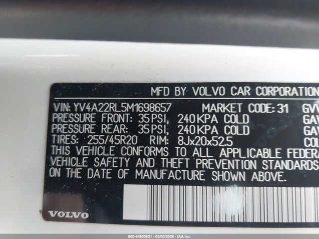 Aukcja sprzedaży 2021 Volvo Xc60 T6 Inscription, vin: YV4A22RL5M1698657, numer aukcji: 44502631
