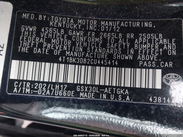 2012 TOYOTA AVALON 4T1BK3DB2CU445414 Photo 8