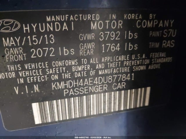 44502765 :رقم المزاد ، KMHDH4AE4DU877841 vin ، 2013 Hyundai Elantra Gls مزاد بيع