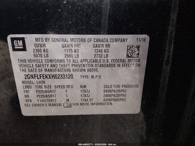 Aukcja sprzedaży 2017 Chevrolet Equinox Lt, vin: 2GNFLFEKXH6233120, numer aukcji: 44502771