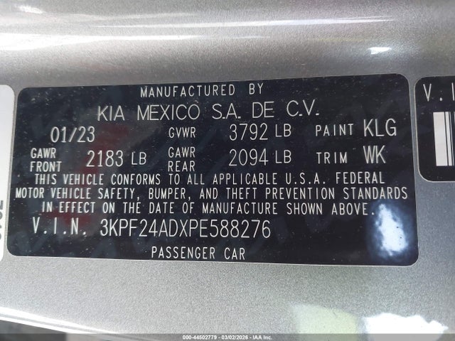 44502779 :رقم المزاد ، 3KPF24ADXPE588276 vin ، 2023 Kia Forte Lxs مزاد بيع