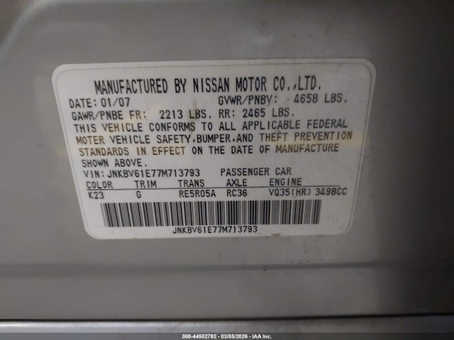 44502792 :رقم المزاد ، JNKBV61E77M713793 vin ، 2007 Infiniti G35 Sport مزاد بيع