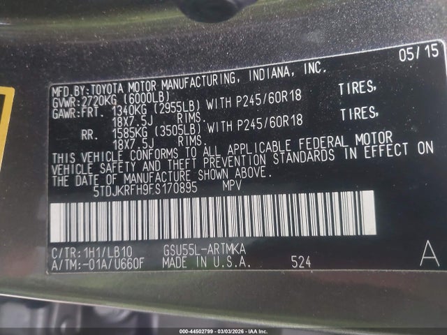 Toyota Highlander Xle V6 2015 5TDJKRFH9FS170895 Image 9