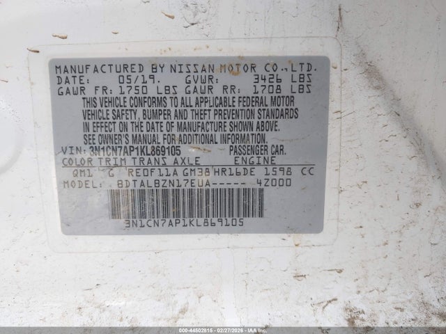 2019 NISSAN VERSA 3N1CN7AP1KL869105 Photo 8