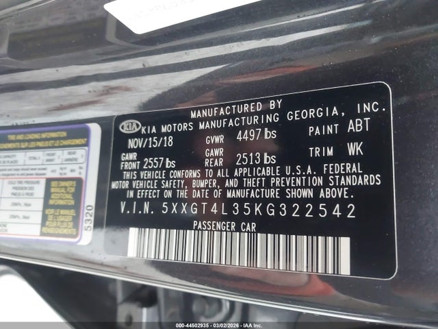 Aukcja sprzedaży 2019 Kia Optima S, vin: 5XXGT4L35KG322542, numer aukcji: 44502935