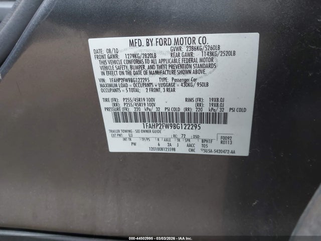 44502995 :رقم المزاد ، 1FAHP2FW9BG122295 vin ، 2011 Ford Taurus Limited مزاد بيع