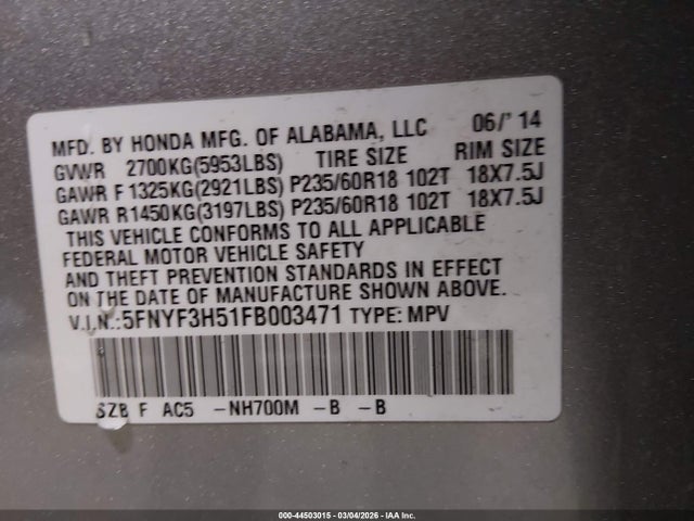 Honda Pilot Ex-l 2015 5FNYF3H51FB003471 Image 25