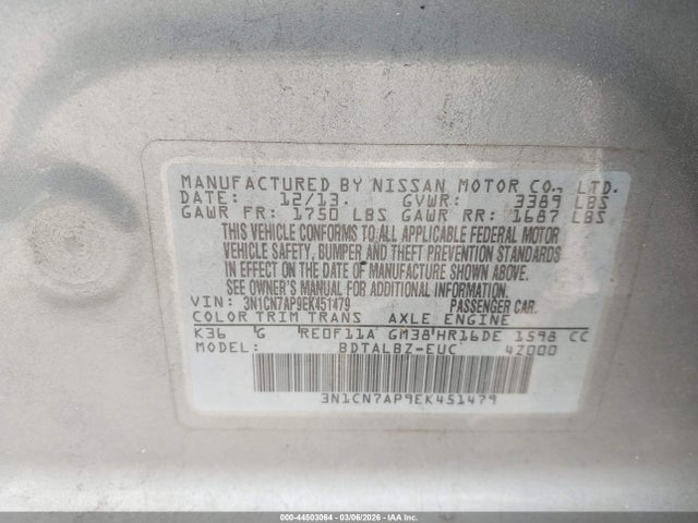 3N1CN7AP9EK451479 Nissan Versa 1.6 Sv