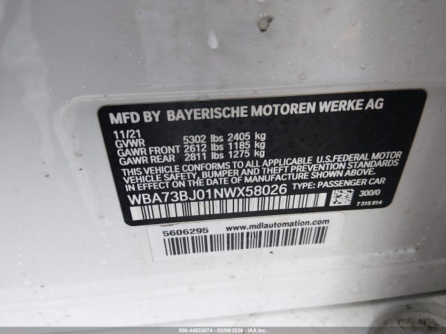 Aukcja sprzedaży 2022 Bmw 540 I Xdrive, vin: WBA73BJ01NWX58026, numer aukcji: 44503074