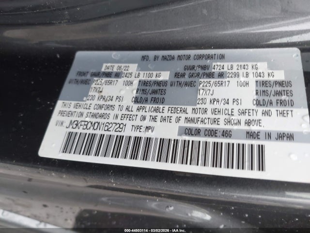 Aukcja sprzedaży 2022 Mazda Cx-5 2.5 S Preferred, vin: JM3KFBCM0N1627291, numer aukcji: 44503114