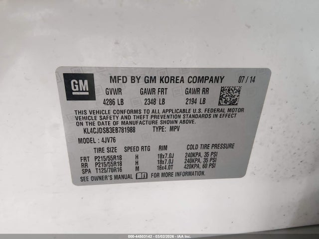 44503142 :رقم المزاد ، KL4CJDSB3EB781988 vin ، 2014 Buick Encore Premium مزاد بيع