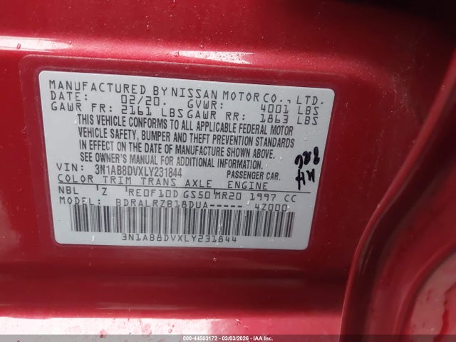 44503172 :رقم المزاد ، 3N1AB8DVXLY231844 vin ، 2020 Nissan Sentra Sr Xtronic Cvt مزاد بيع