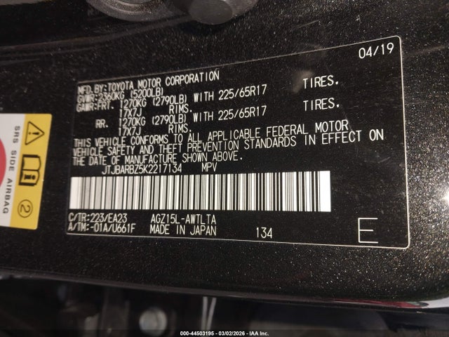 Aukcja sprzedaży 2019 Lexus Nx 300, vin: JTJBARBZ5K2217134, numer aukcji: 44503195