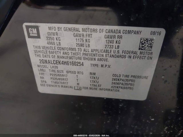 Auction sale of the 2017 Chevrolet Equinox Lt, vin: 2GNALCEK4H6160254, lot number: 44503210