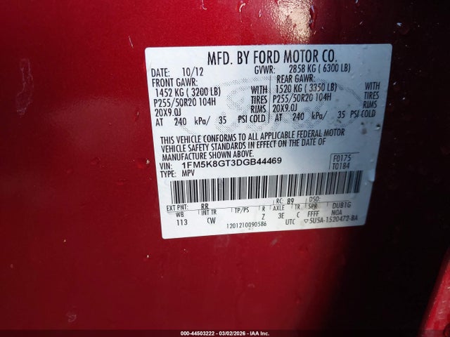 Продажа на аукционе авто 2013 Ford Explorer Sport, vin: 1FM5K8GT3DGB44469, номер лота: 44503222