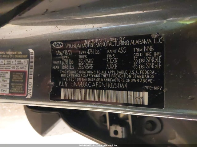 Продажа на аукционе авто 2022 Hyundai Tucson Se, vin: 5NMJACAE0NH025064, номер лота: 44503236