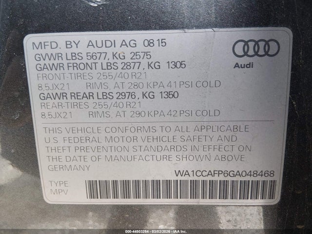 44503254 :رقم المزاد ، WA1CCAFP6GA048468 vin ، 2016 Audi Sq5 3.0t Premium Plus مزاد بيع
