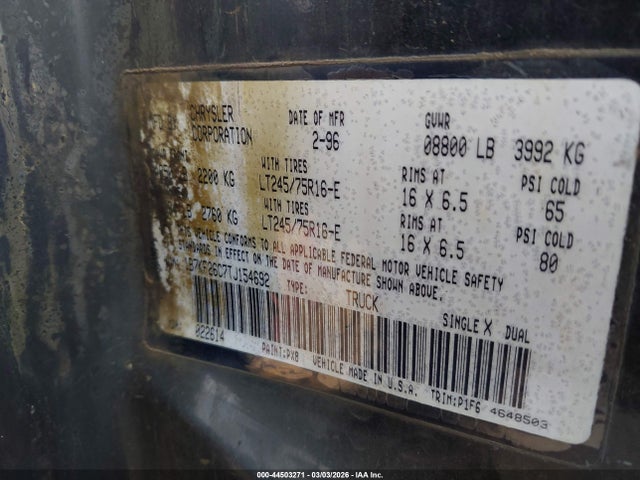 Aukcja sprzedaży 1996 Dodge Ram 2500, vin: 1B7KF26C7TJ154692, numer aukcji: 44503271