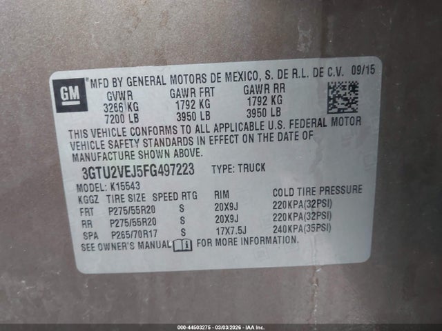 44503275 :رقم المزاد ، 3GTU2VEJ5FG497223 vin ، 2015 Gmc Sierra 1500 Slt مزاد بيع