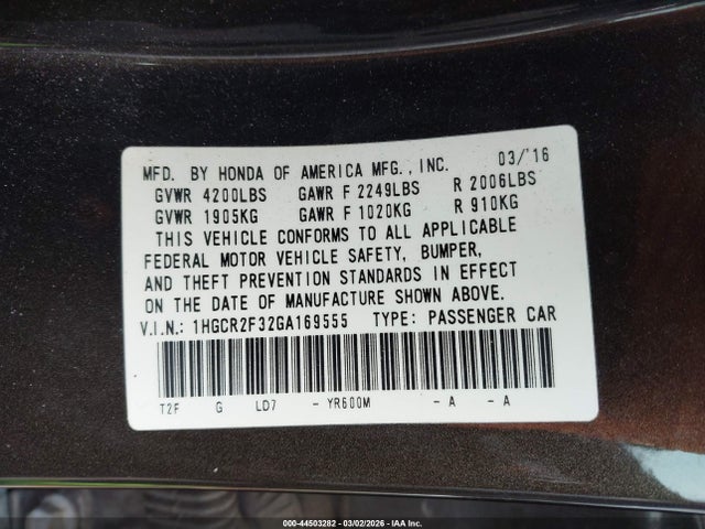 1HGCR2F32GA169555 Honda ACCORD LX
