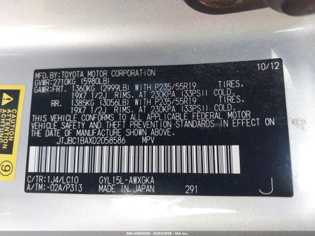 44503285 :رقم المزاد ، JTJBC1BAXD2058586 vin ، 2013 Lexus Rx 450h مزاد بيع