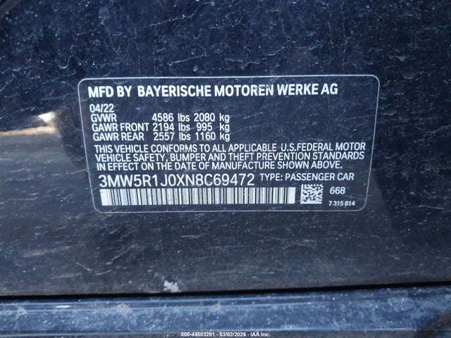 44503291 :رقم المزاد ، 3MW5R1J0XN8C69472 vin ، 2022 Bmw 330i مزاد بيع