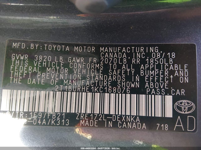Aukcja sprzedaży 2019 Toyota Corolla Le, vin: 2T1BURHE1KC168076, numer aukcji: 44503304