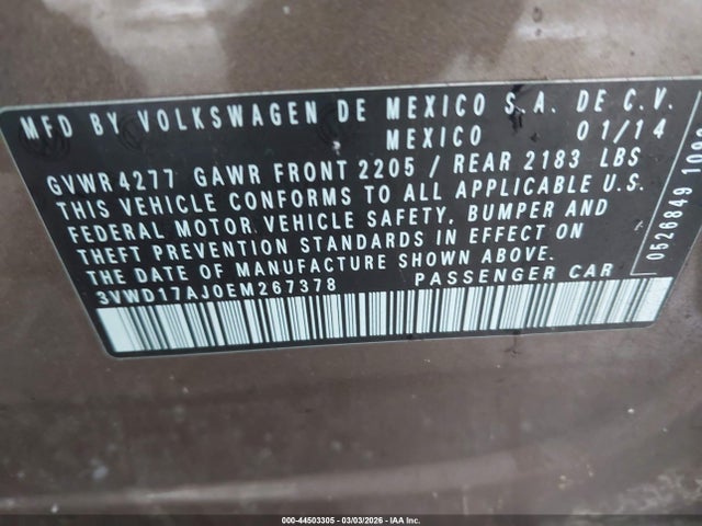 Aukcja sprzedaży 2014 Volkswagen Jetta 1.8t Se, vin: 3VWD17AJ0EM267378, numer aukcji: 44503305