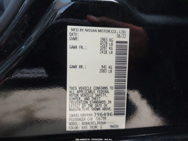 1N4BL4BV4NN396496 Nissan Altima S Fwd