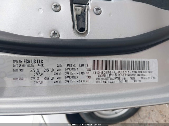 2016 Ram 1500 Tradesman მანქანა იყიდება აუქციონზე, vin: 1C6RR7FTXGS102385, აუქციონის ნომერი: 44503332