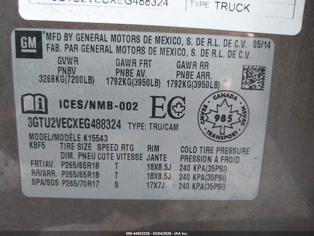 Продажа на аукционе авто 2014 Gmc Sierra 1500 Slt, vin: 3GTU2VECXEG488324, номер лота: 44503338