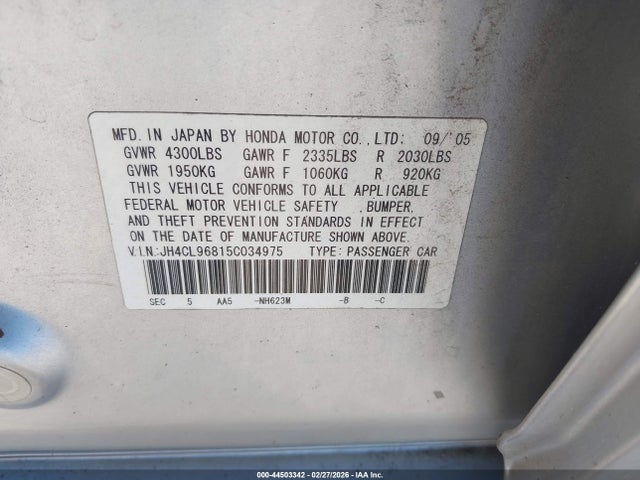2005 Acura Tsx მანქანა იყიდება აუქციონზე, vin: JH4CL96815C034975, აუქციონის ნომერი: 44503342