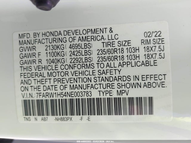 Aukcja sprzedaży 2022 Honda Cr-v 2wd Ex, vin: 7FARW1H54NE003783, numer aukcji: 44503353
