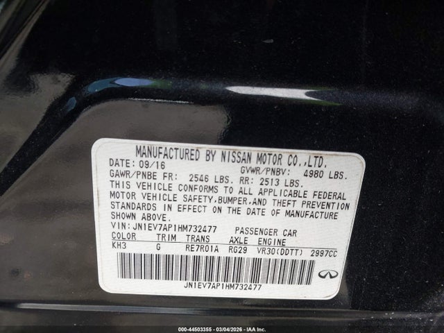 44503355 :رقم المزاد ، JN1EV7AP1HM732477 vin ، 2017 Infiniti Q50 3.0t Premium مزاد بيع