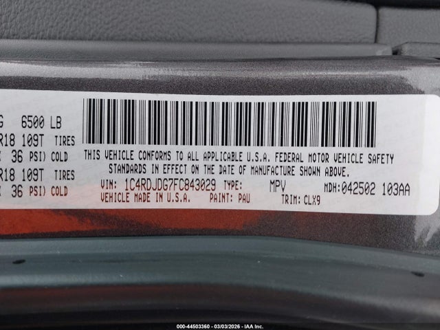 Dodge DURANGO LIMITED 2015 1C4RDJDG7FC843029 Image 9