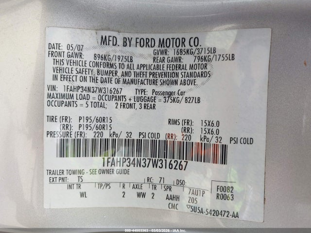 2007 FORD FOCUS 1FAHP34N37W316267 Photo 8