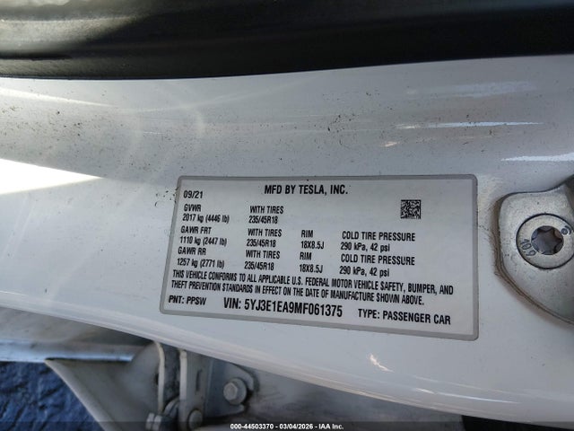 44503370 :رقم المزاد ، 5YJ3E1EA9MF061375 vin ، 2021 Tesla Model 3 Standard Range Plus Rear-wheel Drive مزاد بيع