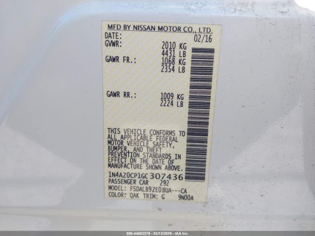 44503379 :رقم المزاد ، 1N4AZ0CP1GC307436 vin ، 2016 Nissan Leaf S مزاد بيع