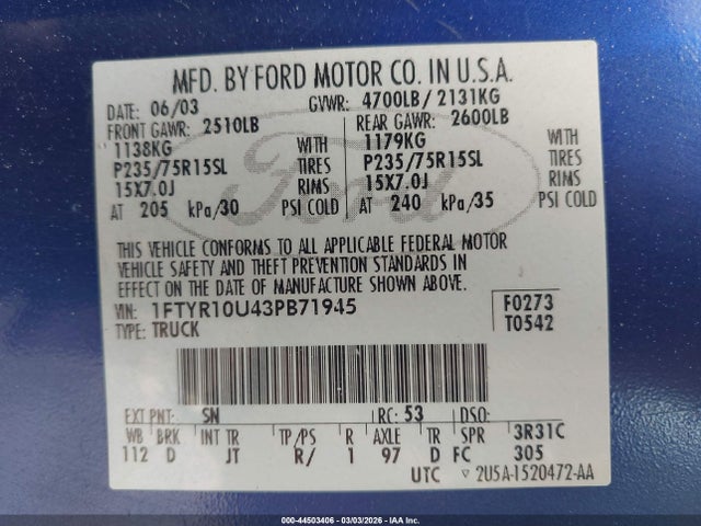 Продаж на аукціоні авто 2003 Ford Ranger Edge/xl/xlt, vin: 1FTYR10U43PB71945, номер лоту: 44503406