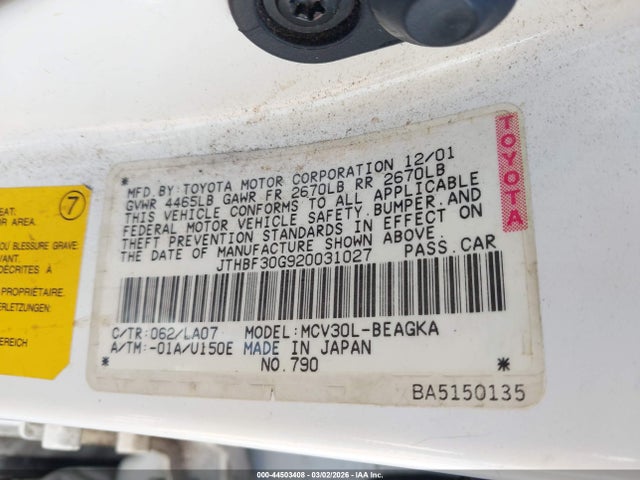44503408 :رقم المزاد ، JTHBF30G920031027 vin ، 2002 Lexus Es 300 مزاد بيع