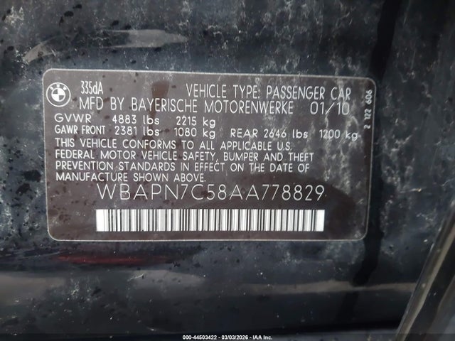 Aukcja sprzedaży 2010 Bmw 335d, vin: WBAPN7C58AA778829, numer aukcji: 44503422