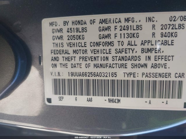 44503427 :رقم المزاد ، 19UUA66256A032165 vin ، 2006 Acura Tl مزاد بيع