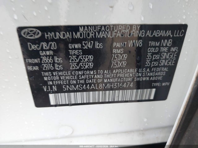 44503477 :رقم المزاد ، 5NMS44AL8MH316474 vin ، 2021 Hyundai Santa Fe Limited مزاد بيع