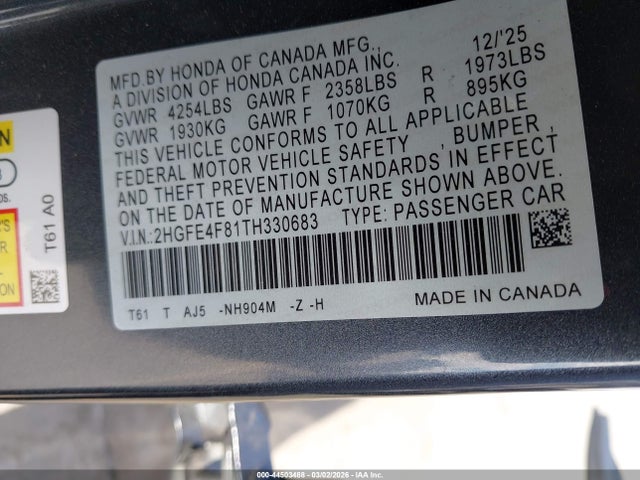 Honda CIVIC HYBRID 2026 2HGFE4F81TH330683 Image 9