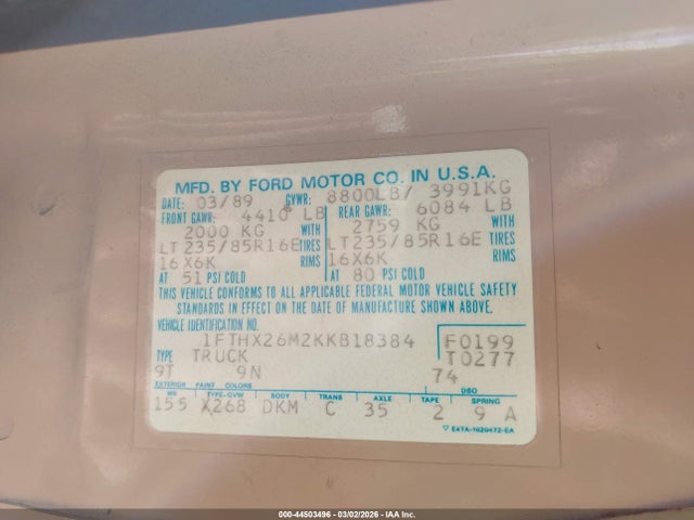 1989 FORD F250 1FTHX26M2KKB18384 Photo 8
