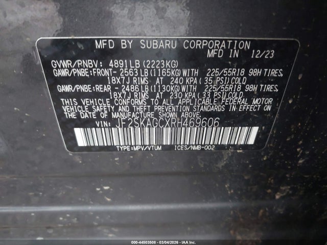 44503508 :رقم المزاد ، JF2SKAGCXRH469606 vin ، 2024 Subaru Forester Sport مزاد بيع